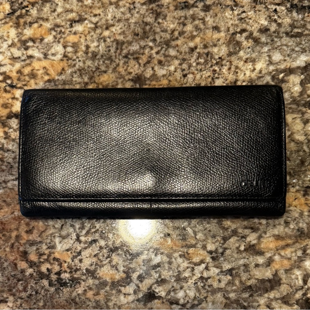 Celine Black Leather Long Snap Wallet with Interior Kiss Lock Coin Section